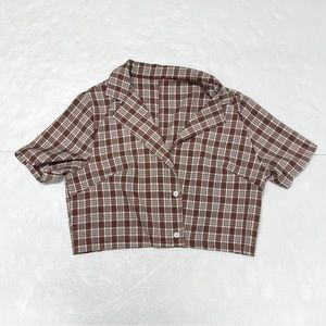 Cropped Brown Checkered Collared Short Sleeve Top